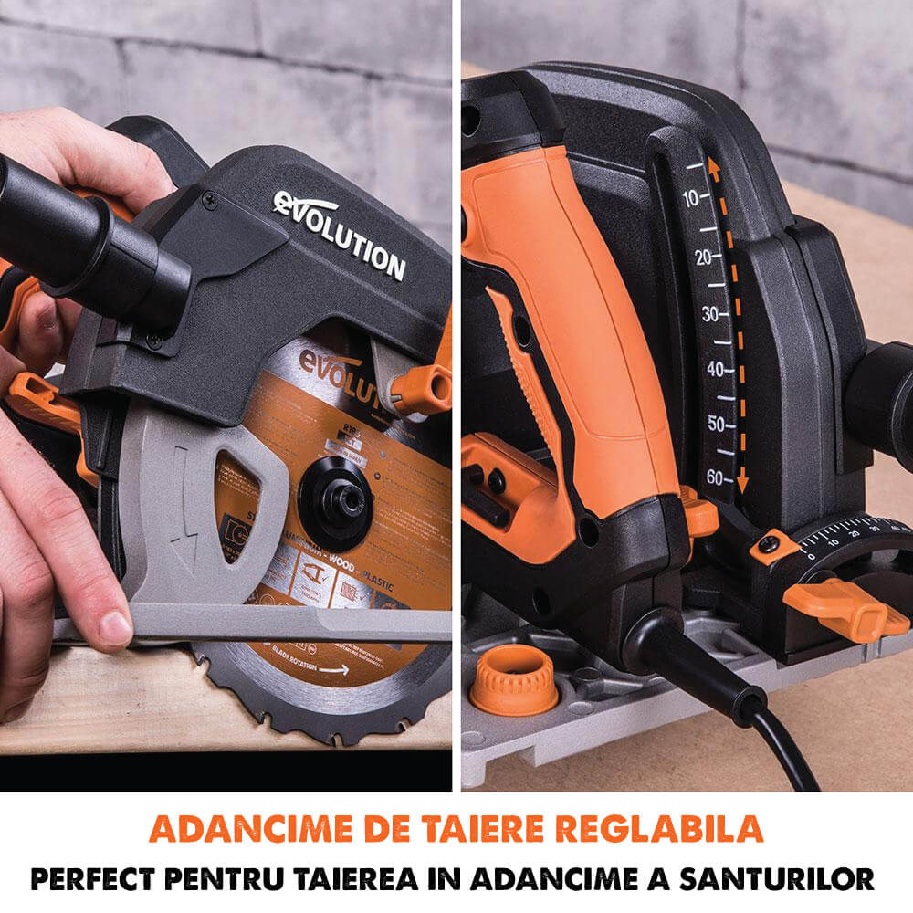 Fierastrau circular de mana, 1600 W, 3900 RPM, Evolution R185CCSX cu disc multi-material 185 mm + sina de ghidaj de 1020 mm - Imagine 6