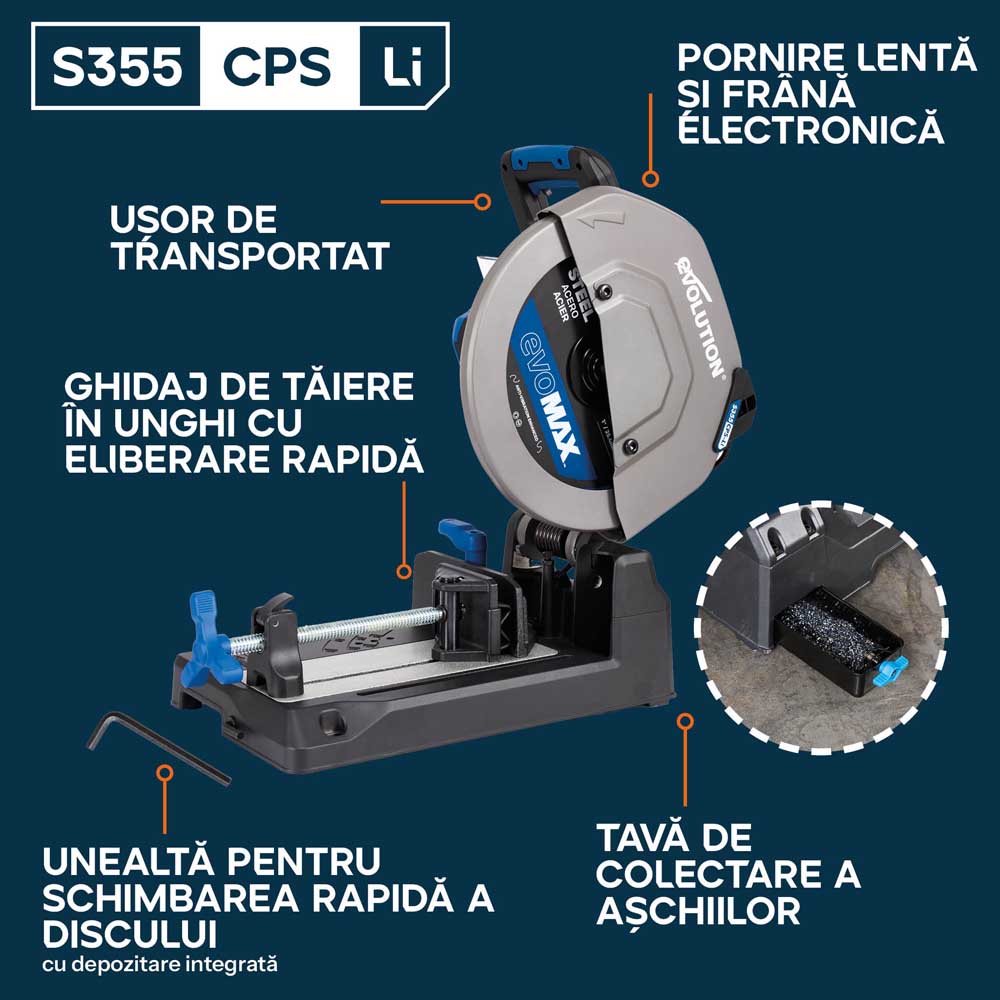Fierastrau de debitat metal cu acumulator Evolution S355CPS-Li cu motor Brushless 36V si disc EvoMax - Imagine 2