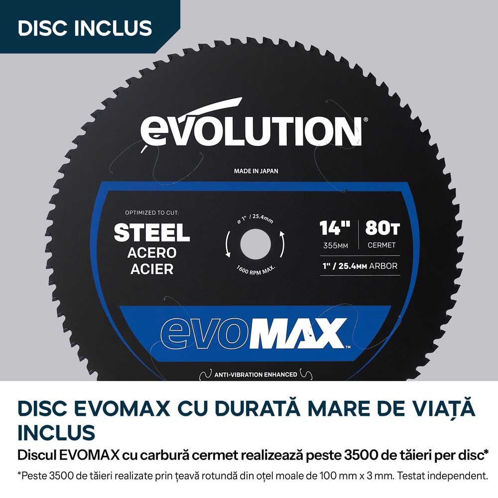 Fierastrau de debitat metal cu acumulator Evolution S355CPS-Li cu motor Brushless 36V si disc EvoMax - Imagine 13