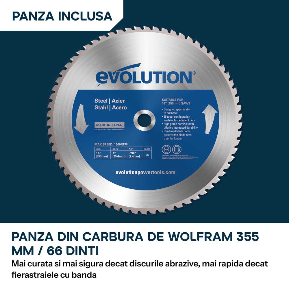 Fierastrau de debitat metal Evolution S355CPSL cu disc TCT 355mm pentru otel moale - Imagine 8