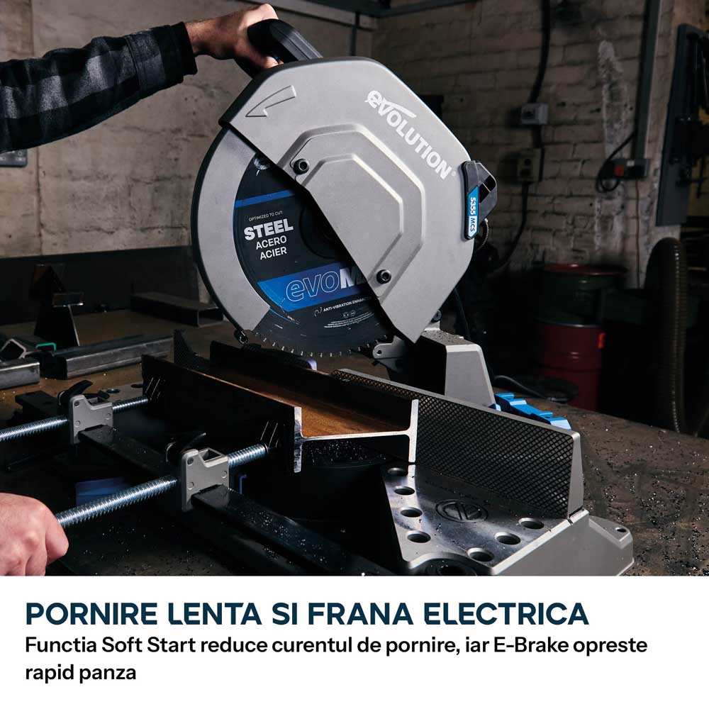 Pachet Fierastrau de debitat metal cu functie de taiere in unghi Evolution S355MCS-G2, echipat cu disc 355mm EVOMAX Cermet Long-Life 80T + Stand Hidraulic — imaginea 14