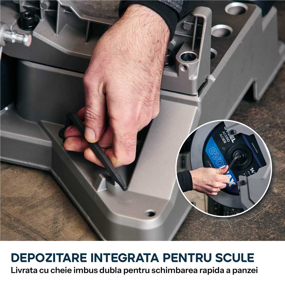 Pachet Fierastrau de debitat metal cu functie de taiere in unghi Evolution S355MCS-G2, echipat cu disc 355mm EVOMAX Cermet Long-Life 80T + Stand Hidraulic — imaginea 13