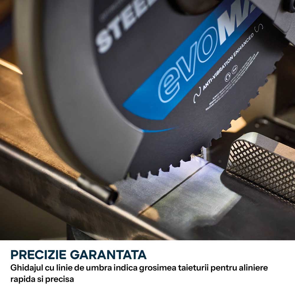 Pachet Fierastrau de debitat metal cu functie de taiere in unghi Evolution S355MCS-G2, echipat cu disc 355mm EVOMAX Cermet Long-Life 80T + Stand Hidraulic — imaginea 7
